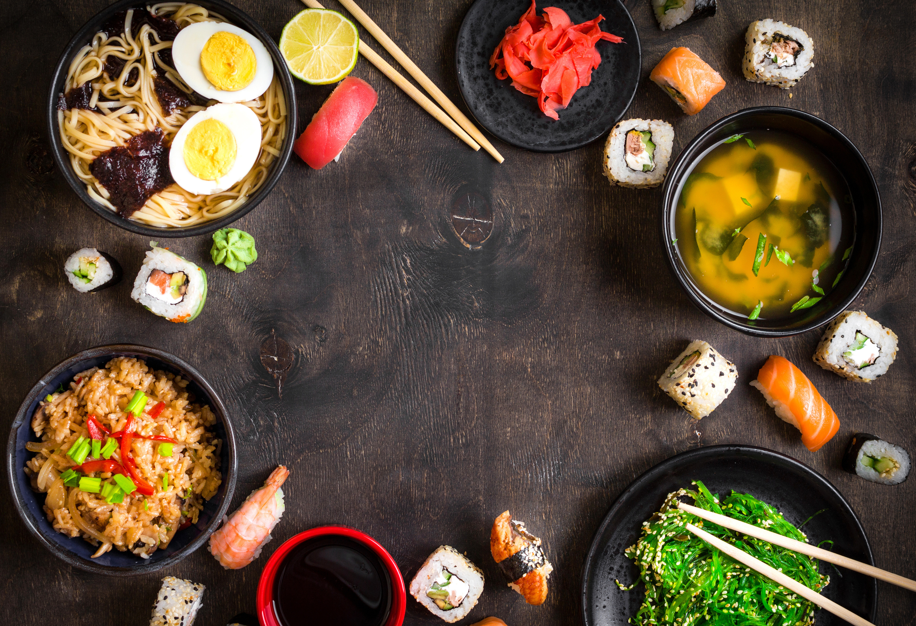 Sushi and japanese food on dark background