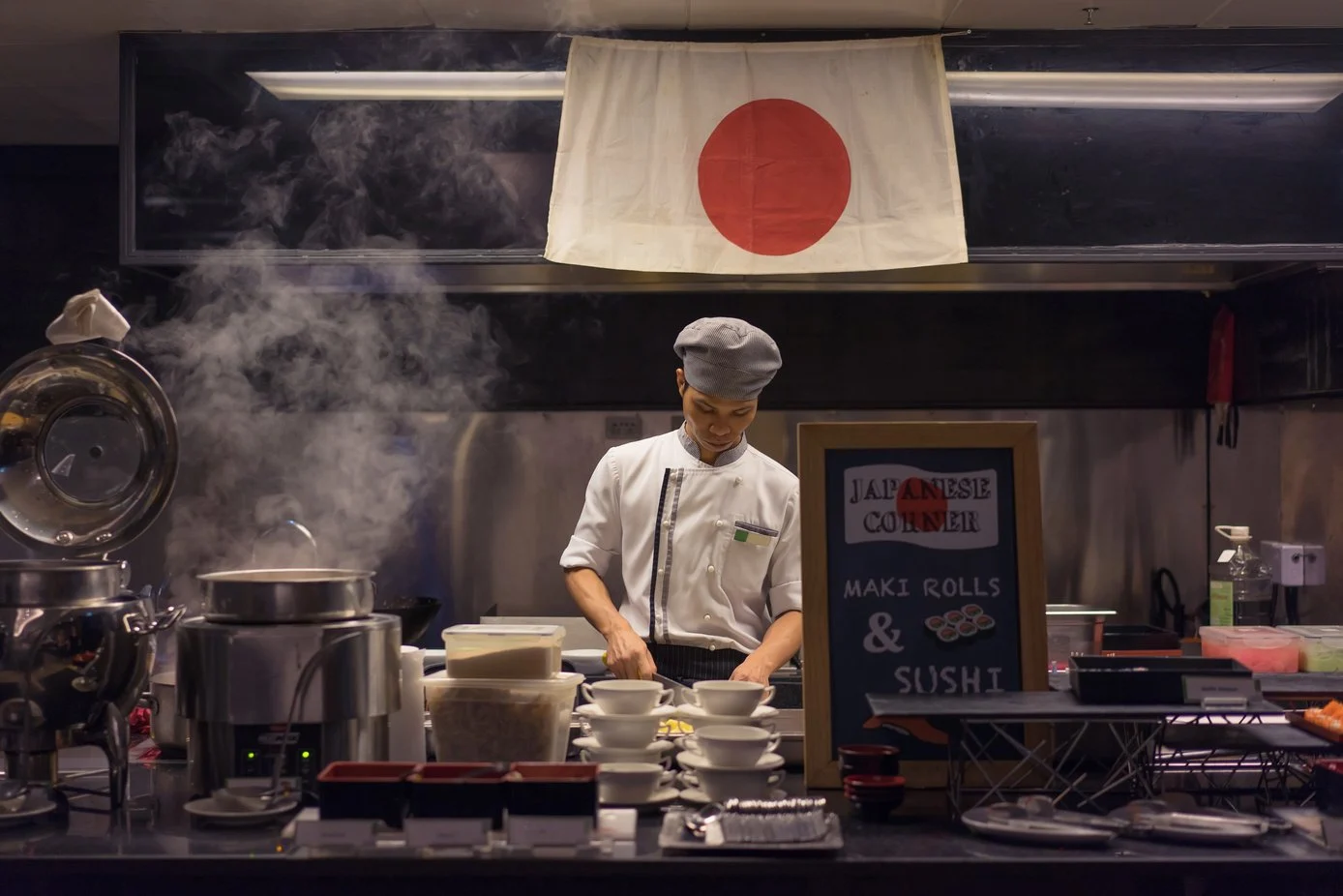 Chef Cooking Japanese Food in Authentic Japanese Restaurant